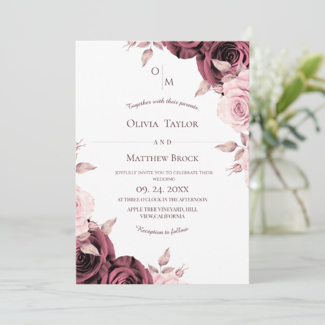 Convite Rosas Florais Rosa Bege Clássico Casamento  (Em pé/Frente)