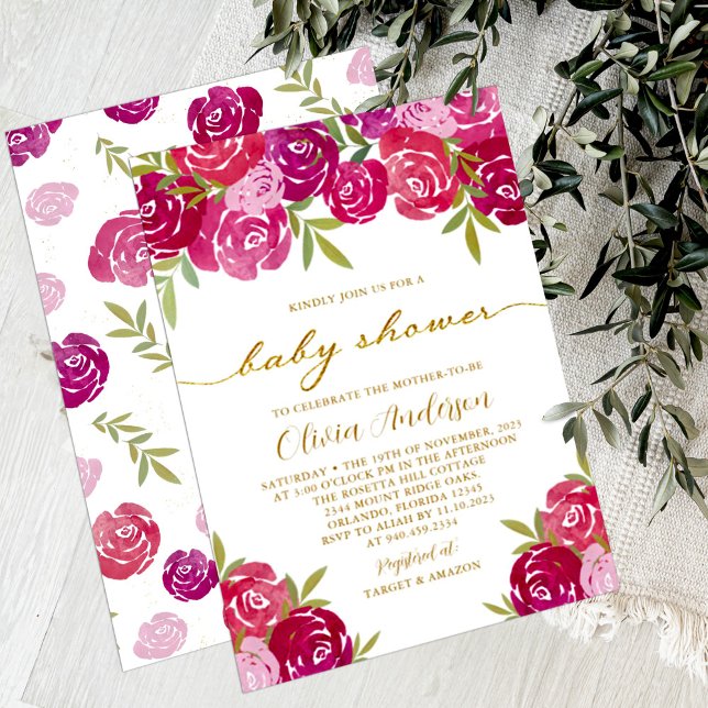 Convite Rosas Florais Rosa e Roxo Chá de Menina (Criador carregado)