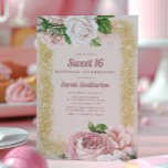 Convite Rosas Florais Rosa Elegantes Doce Glitter Dourado<br><div class="desc">Folha de cor-de-água rosa (rosas) e folha de cor-de-água verde pintada em cor rosa Doce 16 com brilho dourado. O texto,  a fonte,  o tamanho e a cor da fonte são completamente personalizáveis,  de modo que este cartão pode ser personalizado de acordo com as suas necessidades.</div>