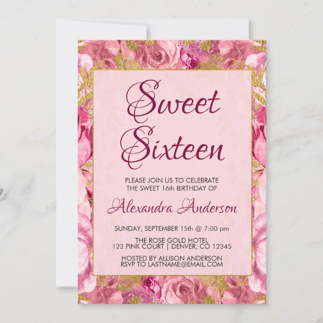 Convite Rosas Florais Rosa Esbranquiçados Doce Dezesseis M (Frente)