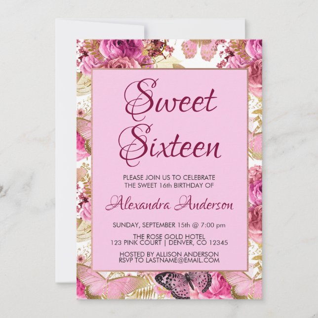 Convite Rosas Florais Rosa Esbranquiçados Doce Dezesseis M (Frente)