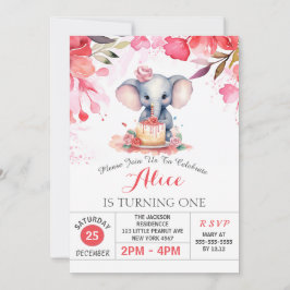 Convite Rosas Florais Rosa Festa de aniversário Elefante