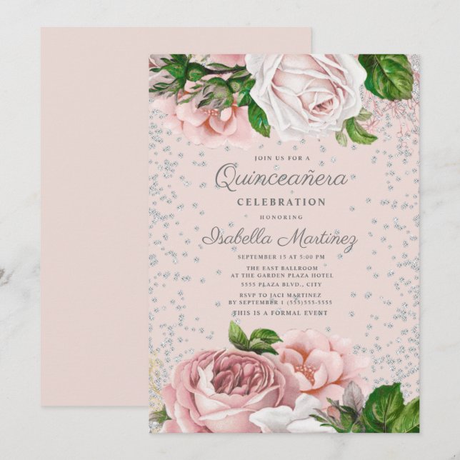 Convite Rosas Florais Rosa Glitter Quinceañera (Frente/Verso)