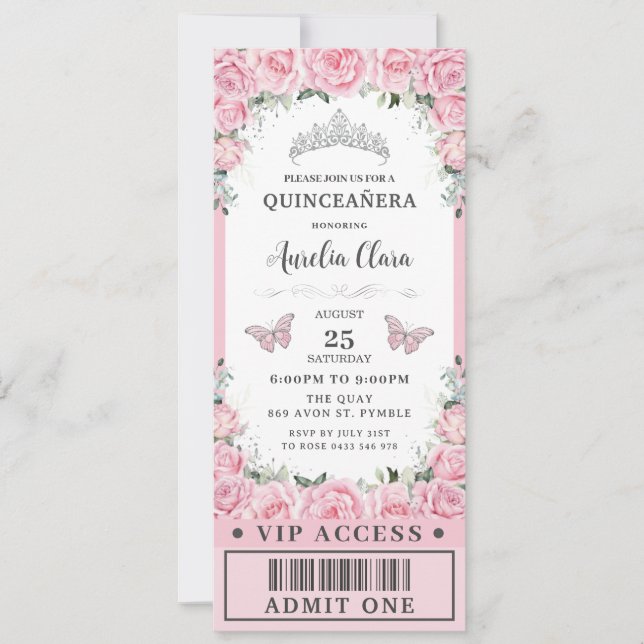 Convite Rosas Florais Rosa Quinceañera Sweet 16 VIP Ticket (Frente)