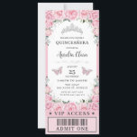 Convite Rosas Florais Rosa Quinceañera Sweet 16 VIP Ticket<br><div class="desc">Personalize este chic Quinceañera / Sweet 16 VIP tb convite com os detalhes do seu partido de forma fácil e rápida, basta pressionar o botão personalizar para reorganizar e formatar o estilo e a colocação do texto. Apresentando lindas rosas rosa, uma princesa prateada coroa e borboletas. Todo texto é editável!...</div>