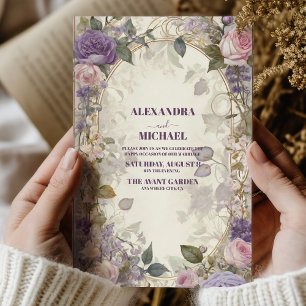 Convite Rosas Florais Roxas Vintage Casamento