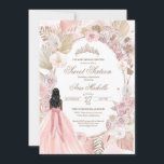 Convite Rosas Florais Secas Boho Rosa Doce 16 Aniversário<br><div class="desc">Convite de aniversário num estilo elegante. Rosas brancas e rosa-pinceladas,  floral seca,  palma e grama-pampas e uma menina de vestido bonito. 

Verifique o compro para este convite com garotas com diferentes cores de cabelo,  tons de pele e mais variações.</div>