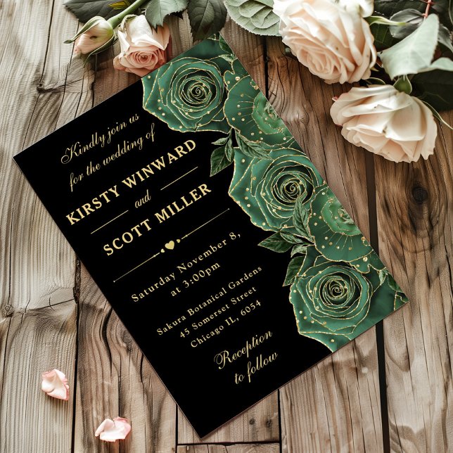 Convite Rosas Florais Verdes e Douradas Casamento (Criador carregado)