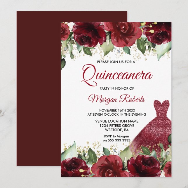 Convite Rosas Floral Gown Quinceanera (Frente/Verso)