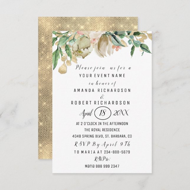 Convite Rosas Flores Brunei Verde Dourado Cores Aquáticas  (Frente/Verso)