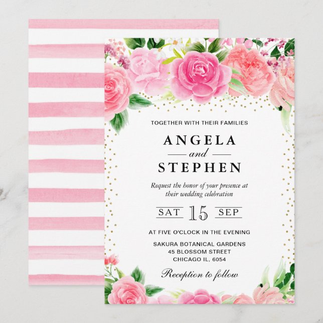 Convite Rosas Flores Casamento Aquarela Rosa (Frente/Verso)