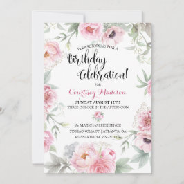 Convite Rosas Flores de Aquarela Cor-de-Rosa de Aniversári