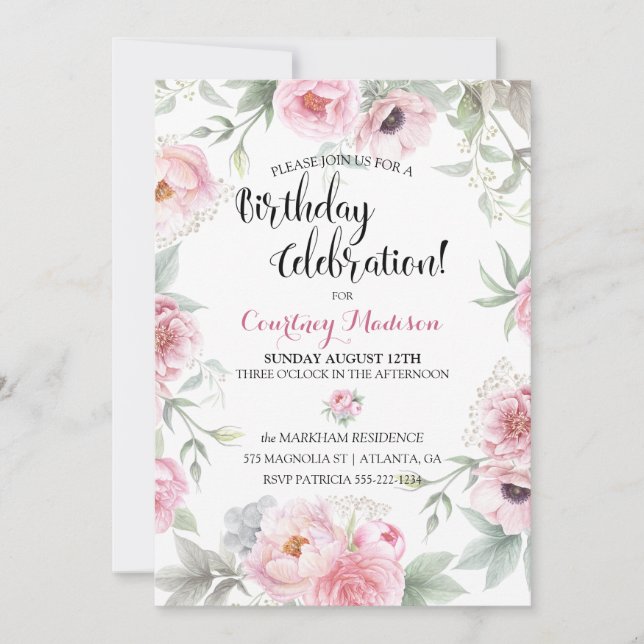 Convite Rosas Flores de Aquarela Cor-de-Rosa de Aniversári (Frente)