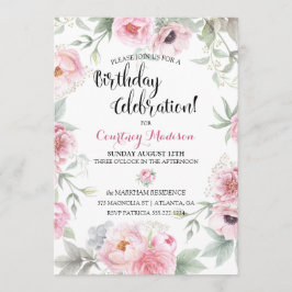 Convite Rosas Flores de Aquarela Cor-de-Rosa de Aniversári
