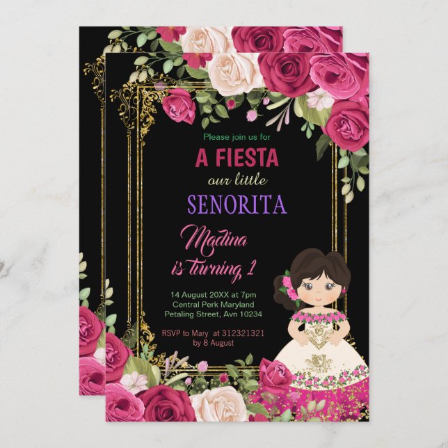 Convite Rosas Flores Fiesta primeiro aniversario Floral (Frente/Verso)