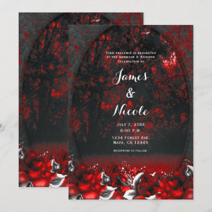 Convite Rosas Floresta Vermelha e Preta Gótico Casamento 