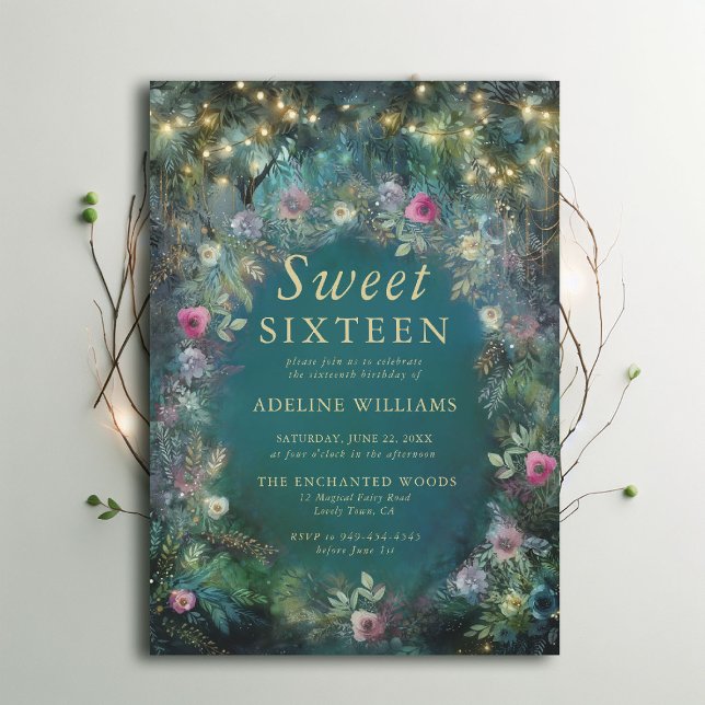 Convite Rosas Florestais Encantadas Floresta Verde Woodlan (enchanted forest sweet 16 theme invitation wild roses floral emerald gold woodland fairy greenery.)