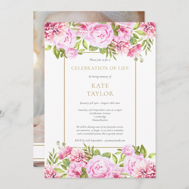 Convite Rosas Foto Floral Celebração Funeral da Vida (Frente/Verso)