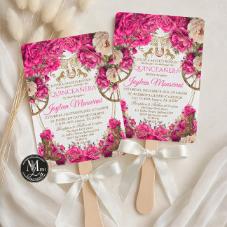 Convite Rosas Fúcsia e Botas de Cowboy Country Quinceañera