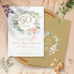 Convite Rosas Garland 50º Aniversário Salvar a Data<br><div class="desc">Apresentando uma delicada camada floral de aquarela, este 50º aniversário botânico chic, exceto o convite de data, pode ser personalizado com sua informação especial, exceto a data. O reverso apresenta uma garland floral correspondente que enquadra suas datas de aniversário em um texto branco elegante sobre fundo dourado. Projetado por Thisnotme©...</div>