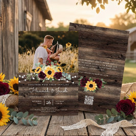 Convite Rosas Girassóis Rústicos Código QR RSVP Casamento