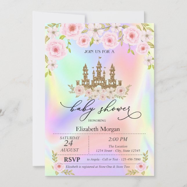 Convite Rosas Glitter Castle Holográfico Chás de Bebê  (Frente)