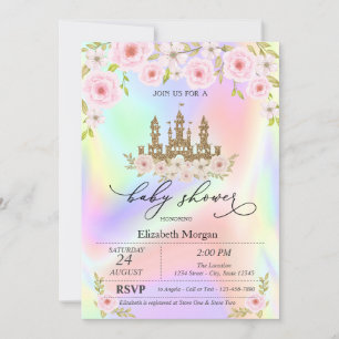 Convite Rosas Glitter Castle Holográfico Chás de Bebê