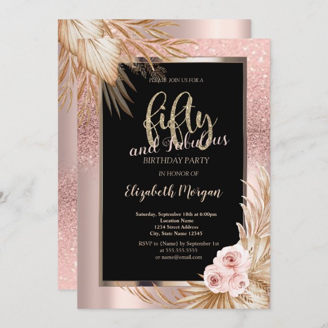 Convite Rosas Glitter Dourado Rosa Chic Pampas  50º Aniver (Frente/Verso)