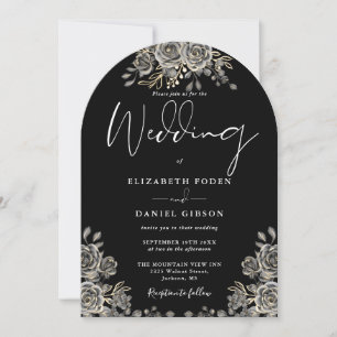 Convite Rosas Góticas Arco Floral Preto e Branco Casamento