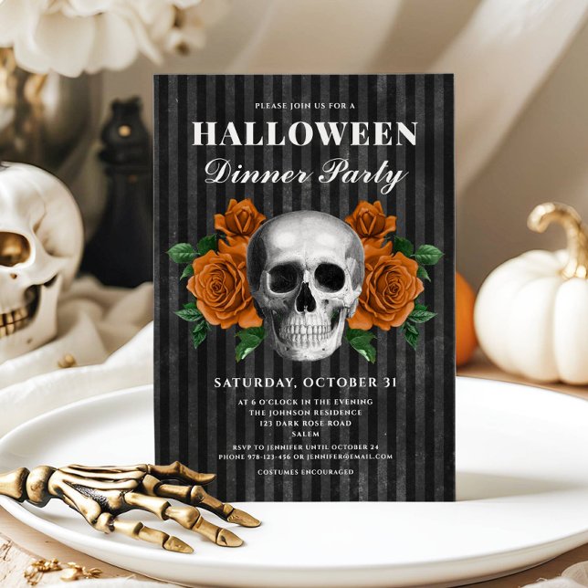 Convite Rosas Góticas e Crânio Jantar de Halloween (Gothic Roses & Skull Halloween Dinner Party Invitation)