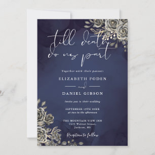 Convite Rosas Góticas Florais Casamento Azul Meia-Noite