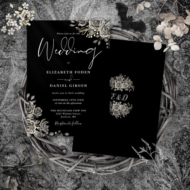 Convite Rosas Góticas Florais Casamento Preto e Branco (Gothic Roses Floral Black And White Wedding Invitation)