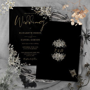 Convite Rosas Góticas Floral Preto e Dourado Casamento