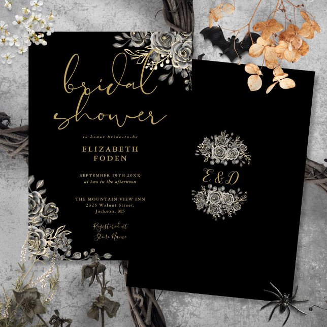 Convite Rosas Góticos Preto Floral E Chá de panela Dourado (Gothic Roses Floral Black And Gold Bridal Shower Invitation)