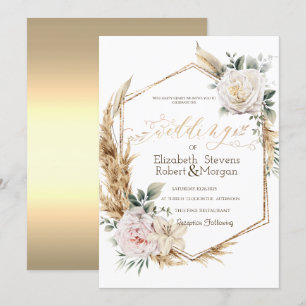 Convite Rosas Grama das Pampas Moldura Dourada Casamento