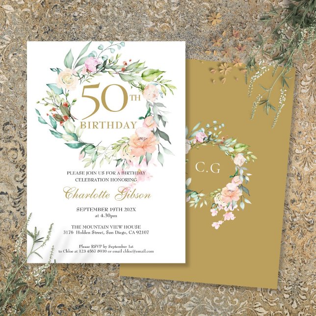 Convite Rosas Guarlanda Floral Monograma 50º Aniversário (Roses Floral Garland Monogram 50th Birthday Invitation)