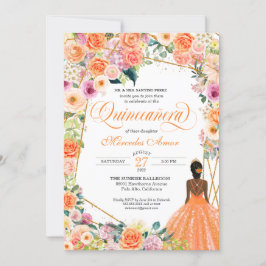 Convite Rosas Laranja e Rosa Pêssego Quinceanera Floral