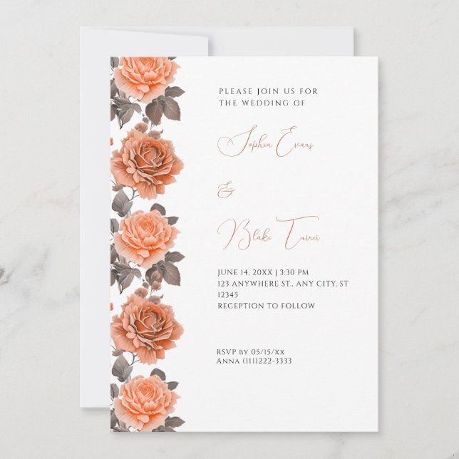 Convite Rosas Laranja Modernas Casamento Outono Branco (Frente)