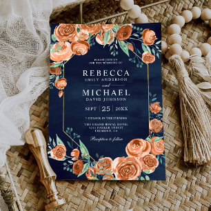 Convite Rosas Laranja Queimada Terrosa Floral Azul Marinho