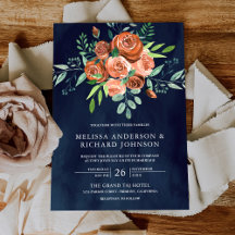 Rosas Laranja Queimada Terrosa Floral Azul Marinho