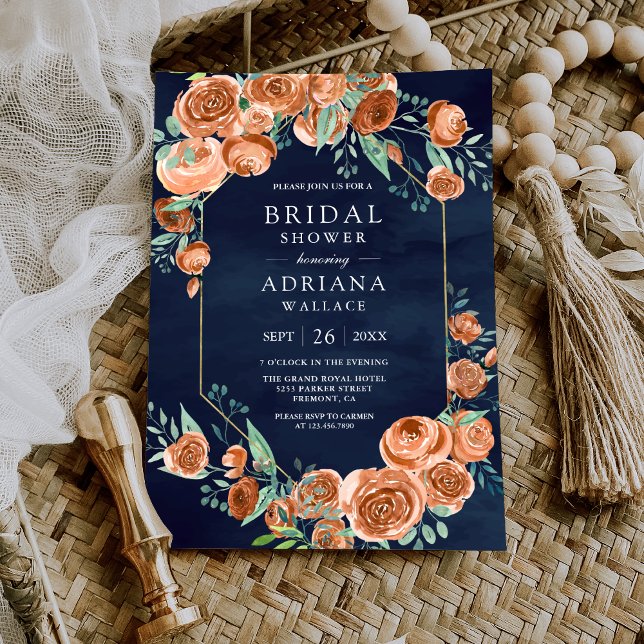 Convite Rosas Laranja Queimados Marinho Floral Chá de pane (Criador carregado)