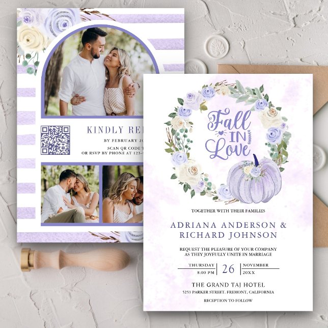Convite Rosas Lavanda Abóbora Código QR Foto Casamento (Criador carregado)