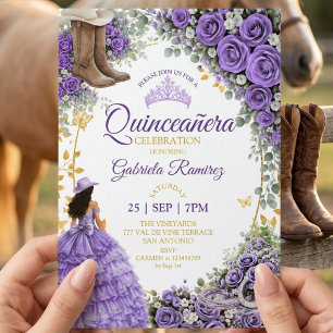 Convite Rosas Lavanda Ocidental Dourado Quinceañera Countr