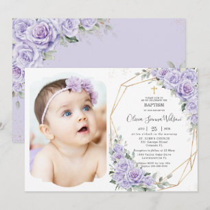 Convite Rosas Lavanda Roxo Elegante Floral Batismo Foto