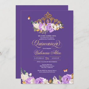 Convite Rosas lavandas Roxo Dourado Tiara Quinceanera