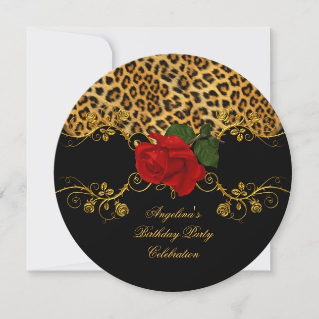 Convite Rosas Leopard Vermelho Preto Dourado Festa de Aniv (Frente)