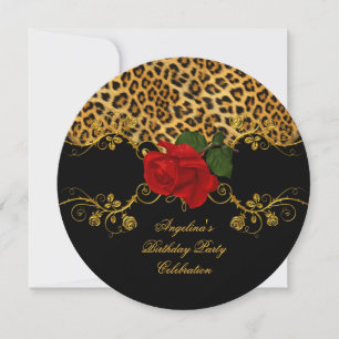 Convite Rosas Leopard Vermelho Preto Dourado Festa de Aniv