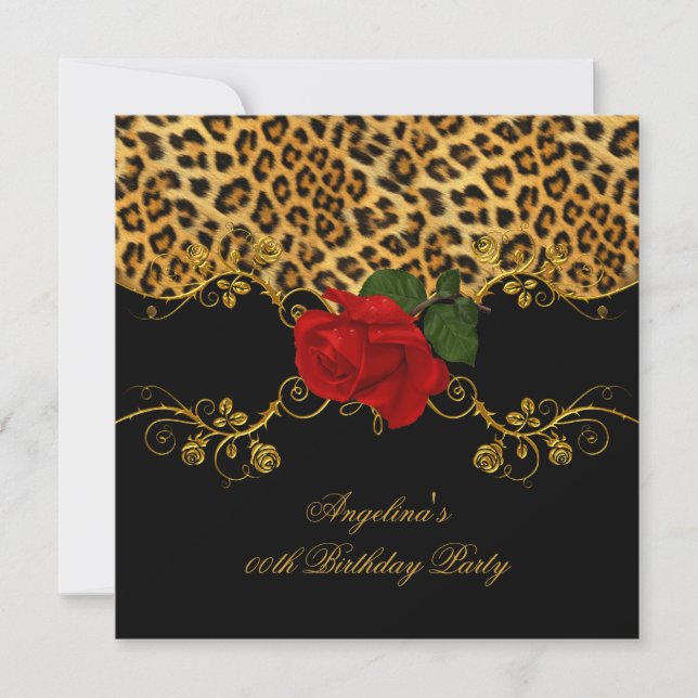 Convite Rosas Leopardinas Vermelhas Pretas Douradas Festa  (Frente)