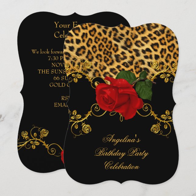 Convite Rosas Leopardinas Vermelhas Pretas Douradas Festa  (Frente/Verso)