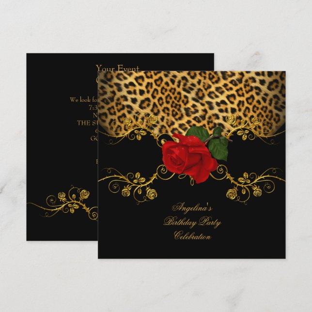 Convite Rosas-leopardo, Festa de aniversário Dourada Verme (Frente/Verso)